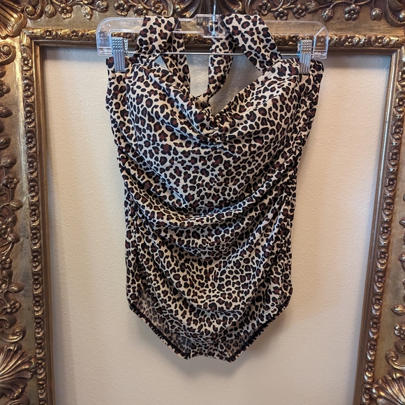 VINTAGE ESTHER WILLIAMS LEOPARD PRINT RUCHED HALTER ONE PIECE PIN UP SZ 16 W - Picture 2 of 12